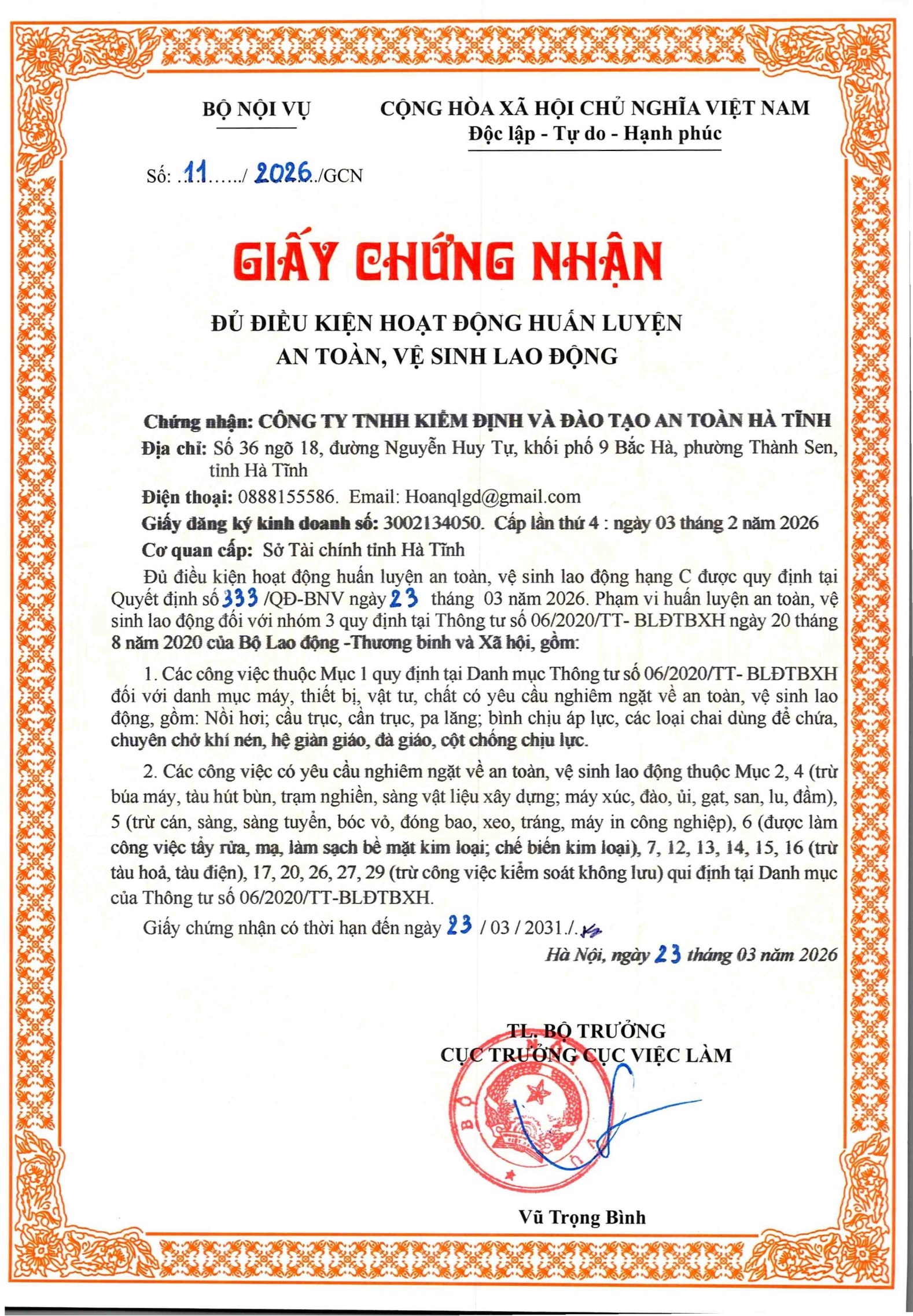Giấy chứng nhận huấn luyện ATVSLĐ Hà Tĩnh Safety